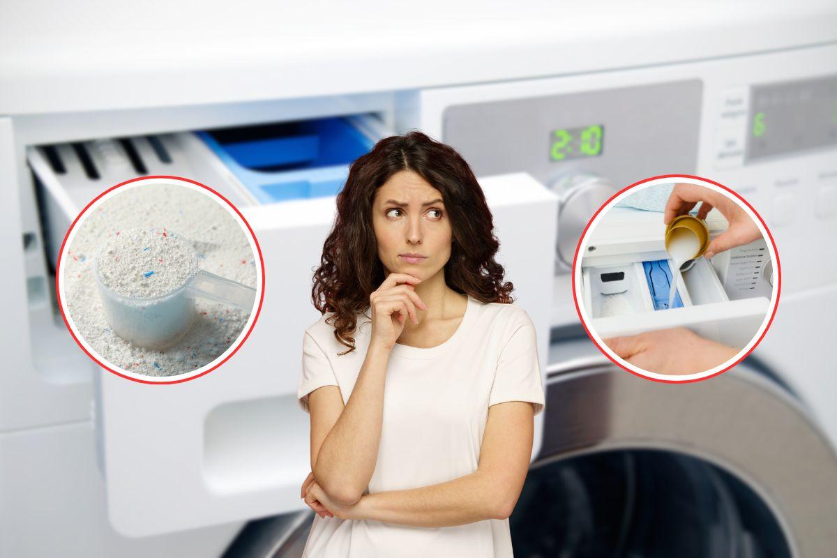 lavatrice sullo sfondo e donna che pensa, detersivo in polvere in un cerchio e detersivo liquido in un altro